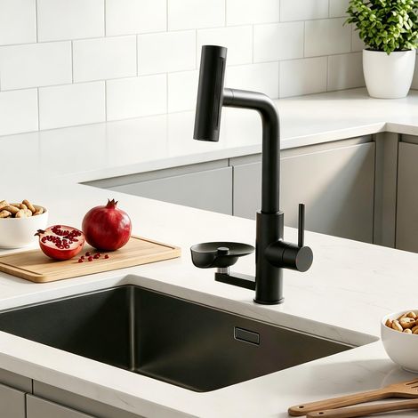 Robinet mitigeur de cuisine avec rondelle en verre, 4 modes de pulvérisation, haute pression, extractible à 1 trou avec rinceur en verre, robinet à poignée unique en acier inoxydable (1/5)