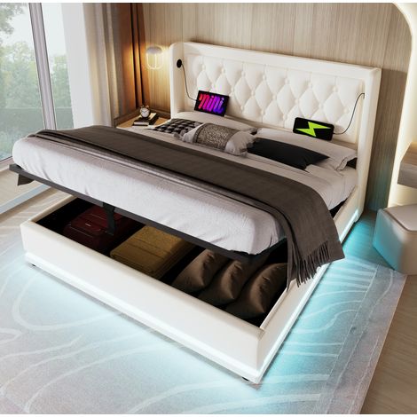 FLORAGRACE Lit coffre 180x200 cm en PU blanc avec LED 3 côtés, USB-C, tête de lit capitonnée (1/5)