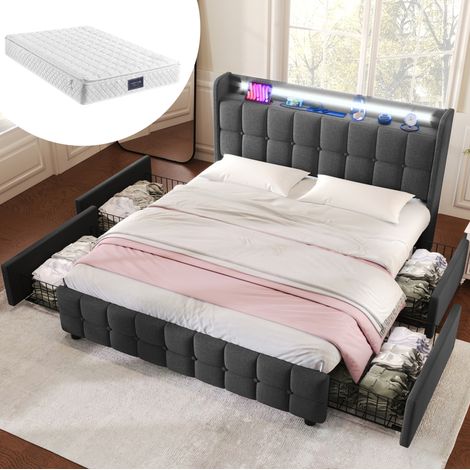 lit adulte double rangement 160x200 LED USB matelas OKMYHOME (1/5)