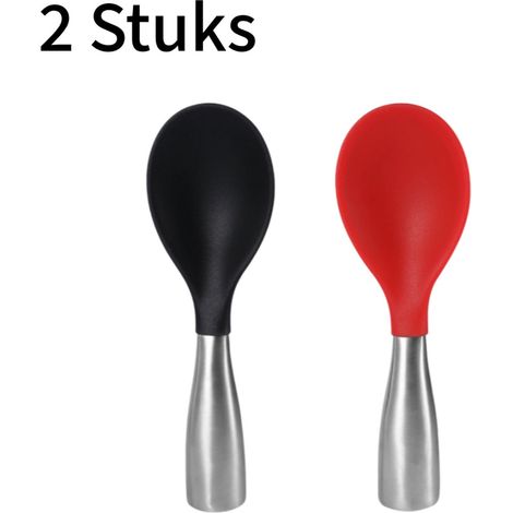Lot de 2 cuillères à riz en silicone avec manche en acier inoxydable - Douces pour les poêles antiadhésives - Tient debout - Résistantes à la chaleur et faciles à nettoyer - Rouge/Noir (1/5)