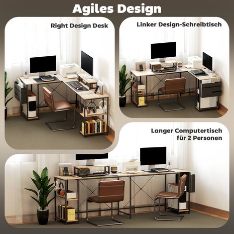 Table bureau en L, bureau polyvalent avec étagères réglables et poche de rangement, support pour écran, naturel (1/5)