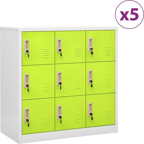 Ensemble de 5 armoires à casiers acier, 9 casiers, gris clair et vert, 90 x 45 x 92,5 cm - PANGIVO (1/5)