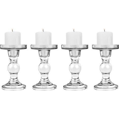 4-teiliges Set aus Glaskerzenhaltern (8, 8,5 und 14 cm) mit rundem Fuß, stabiler Halt für Spitzkerzen, moderne Tischdekoration für Zuhause, Partys und Hochzeiten, transparent (1/5)