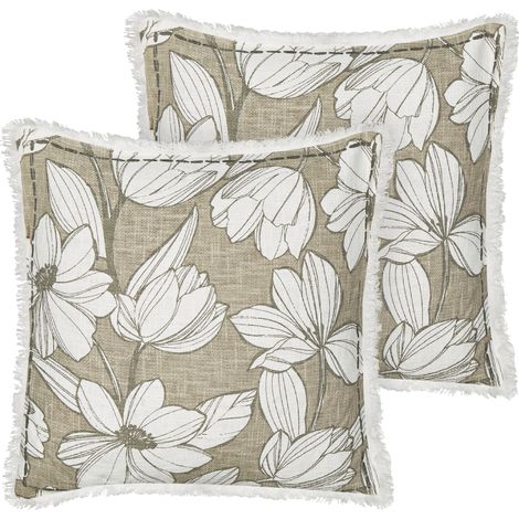 Conjunto de 2 cojines boho de algodón con motivo floral y flecos hecho a mano funda extraíble 45 x 45 cm blanco y verde Cyanotis