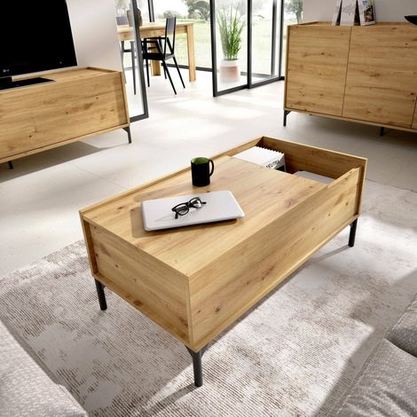 Dmora - Couchtisch Cuna, Wohnzimmer-Zeitungsständer mit Ablagefach, niedriger Couchtisch, 99x60h41 cm, Nodi-Eiche (1/5)