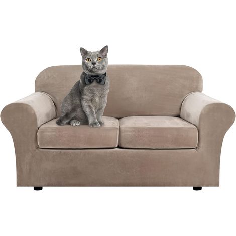 Housse de canapé en velours doux et extensible avec housses de coussin séparées pour canapé 1, 2, 3 places avec sangle antidérapante pour le salon, la chambre à coucher (Camel, 2 places) (1/5)