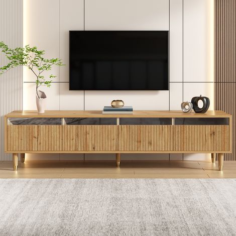Meuble TV, avec 4 tiroirs et LED à couleurs changeantes, finition texturée, pieds en bois, design moderne, 178 x 35 x 45 cm, Naturel (1/5)