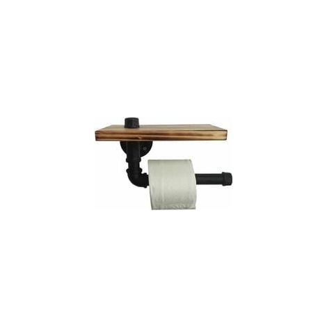 Porte-rouleau en Papier Toilette Design Rétro Métal Tube Étagère Ensemble de Rangement avec Plateau en bois Noir (1/3)
