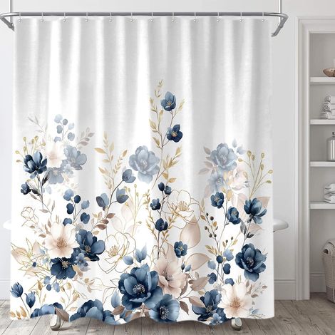 Rideau de douche en tissu pour salle de bain avec crochets Motif floral aquarelle Bleu marine et doré 152,4 x 183 cm (1/4)