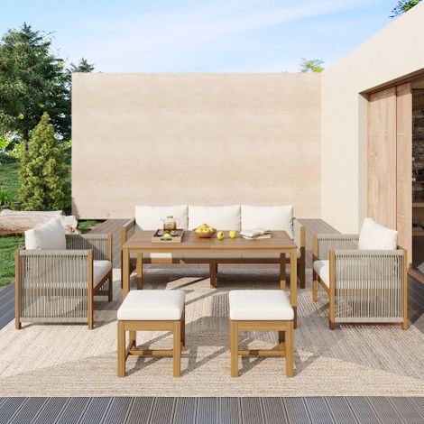Garten-Esstisch-Set, Garten-Loungestuhl-Set, 6-teiliges Set. Gartenmöbel-Set, 3er-Sofa, 2 Einzelsofas, 2 Hocker, Esstisch, Akazien-Tischplatte, Beige