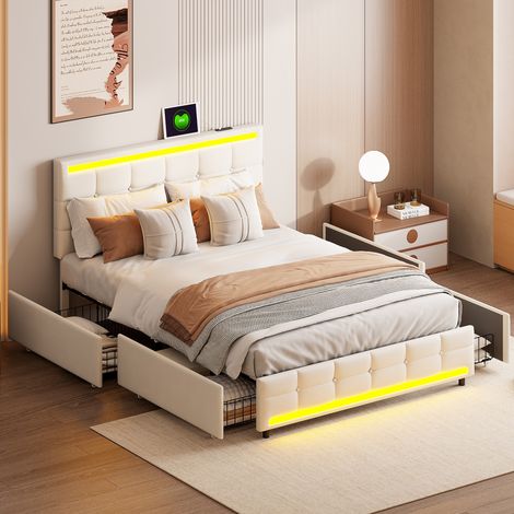 Bett 140x200 cm, Doppelbett mit 4 Schubladen und Lattenrost, Kopfteil mit USB- und LED-Beleuchtung, skandinavisch, Velours - Beig (1/5)