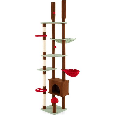 Árbol para gatos de altura regulable 207-277 cm con acogedor condominio y suave hamaca de sisal en forma de hongo en marrón 200017323