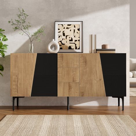 OKWISH Sideboard Spanplatte 4 Türen 3 Schubladen Natur/Schwarz 160x40x80 cm (1/5)
