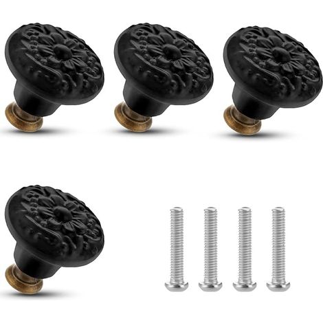 4 Boutons de Meuble Noirs Vintage Motif Fleurs, Ronds, avec Vis – pour Tiroir, Commode, Placard Cuisine (1/5)