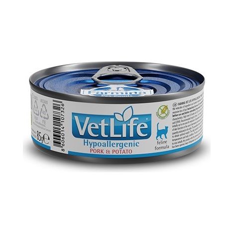 FARMINA VET LIFE ALIMENTATION NATURELLE POUR CHAT HYPOALLERGÉNIQUE PORC ET POMMES DE TERRE 85 g (1/3)