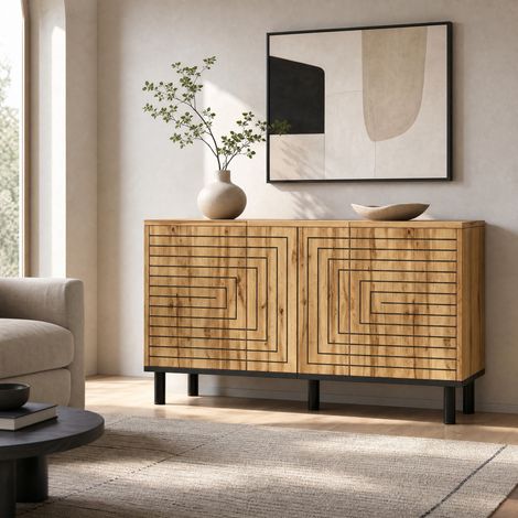Meuble TV 120 x 35 x 68 cm 3 portes Push-Open effet bois HAVRYA (1/5)