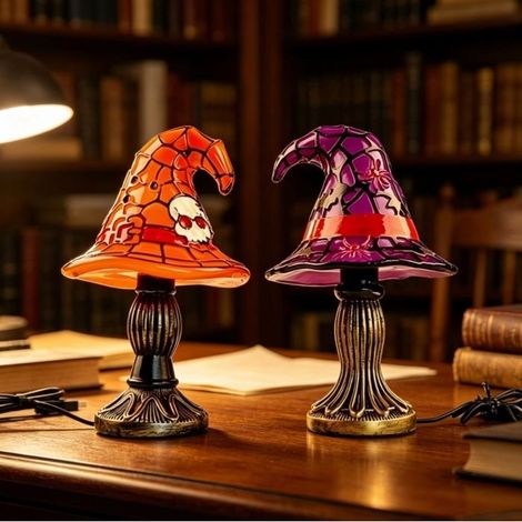 Lampe Halloween chapeau sorcière orange - Veilleuse décorative - Déco de table - Accessoire original (1/5)