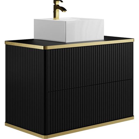 Mobile per bagno sospeso con scanalature con profilo Dorato e lavabo da appoggio Nero 80 cm - KELIZA