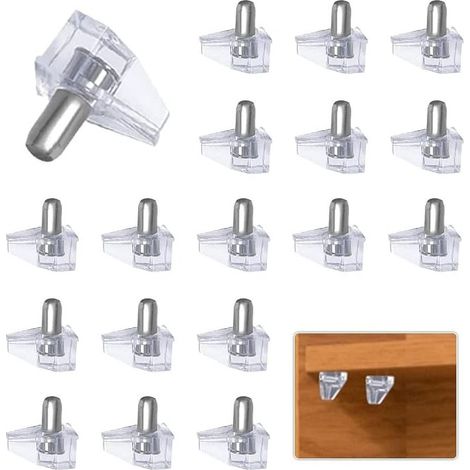 50 clips de soporte de plástico transparente de 5 mm para estantes de armario, clavijas de soporte con tornillos de acero, soportes de repuesto para estantes. (1/5)