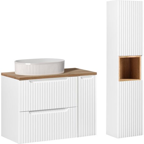 Set di mobili con lavabo singolo da 80 cm, 2 cassetti, 1 ante e colonna, modello Riva, bianco e legno (1/5)