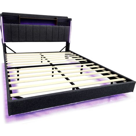Cama tapizada 140 x 200 cm con LED, puerto USB y almacenamiento, gris, HOMVRA (1/5)
