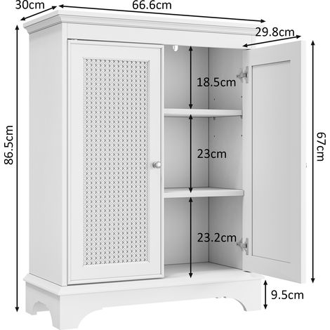 Meuble de salle de bain blanc sur pied avec rangement, armoire à porte en osier et étagère réglable, meuble moderne indépendant pour salle de bain, salon, cuisine (1/5)