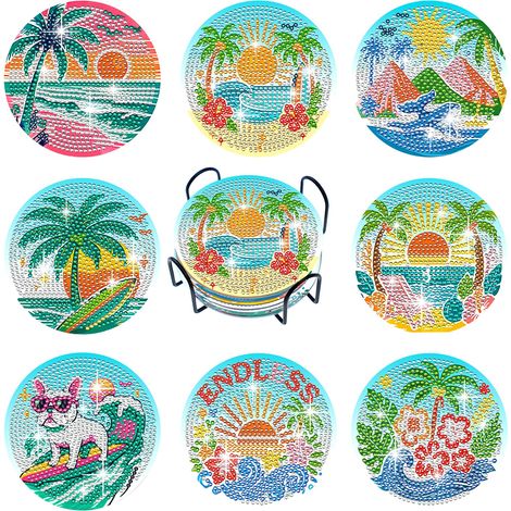 Lot de 8 sous-verres de peinture diamant sur le thème de l'été avec support, kit de peinture diamant pour adultes et débutants (1/5)