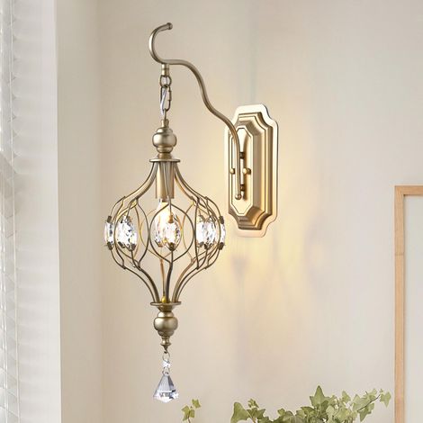Appliques Murales Cristal Vintage Champagne 1 Lumière E14 Lustre mural rétro français en cristal doré pour salon couloir porche hall d'entrée (1/5)