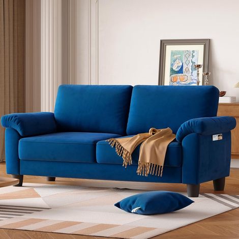 2-Sitz-Sofa in Velours – modernes Mid-Century-Sofa – mit Ablagesack – große Armlehnen – 178x75x87cm – Blau