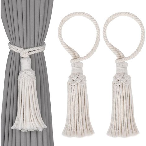 2 Pièces Attaches de Rideaux Décoratives Boho Tissées à la Main en Coton sans Perçage Supports de Rideaux avec Glands Corde de Rideau et Embrasses à Glands pour Rideaux Style Naturel (Beige) (1/5)