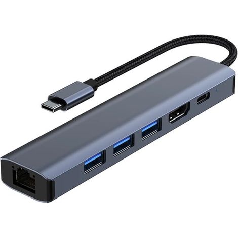 Este adaptador de cable 6 en 1 cuenta con una configuración de USB Tipo-C a concentrador，que incluye 3 puertos USB 3.0 (1/4)