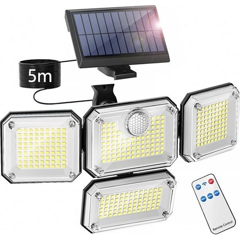 Lampe solaire d'extérieur avec détecteur de mouvement, projecteur LED de sécurité étanche IP65, 3 modes d'éclairage et 4 têtes d'éclairage réglables (1/5)