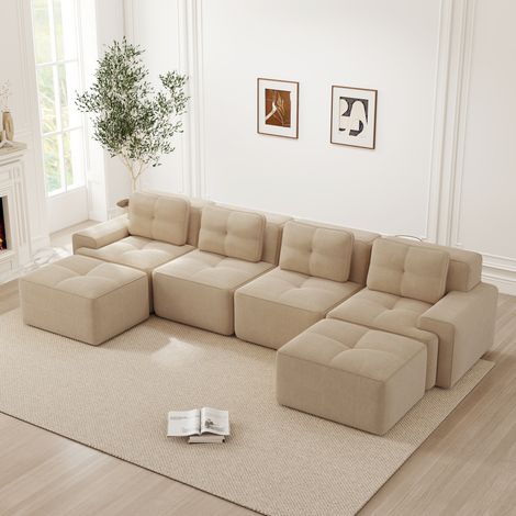 REDOM - Divano modulare 4 posti, seduta profonda, schienale curvo, tessuto corduroy beige (1/5)