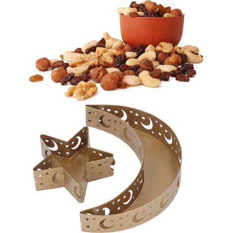 Bandeja de postres de Ramadán, 2 piezas, diseño de estrella y luna, acero inoxidable, estilo Eid, para decoración de mesa islámica, celebraciones musulmanas, tamaño mediano: 617 g (1/5)