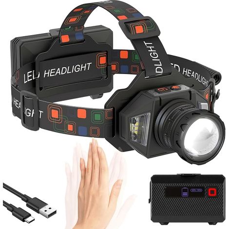 Linterna frontal ultrabrillante y potente con sensor, inclinación de 90° y 9 modos de iluminación, batería de larga duración, resistente al agua IPX4, perfecta para acampar, andar en bicicleta y pesca (1/5)