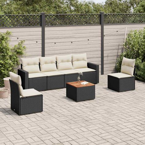 vidaXL Set de comedor de jardín 7 pzas y cojines ratán sintético negro (1/5)