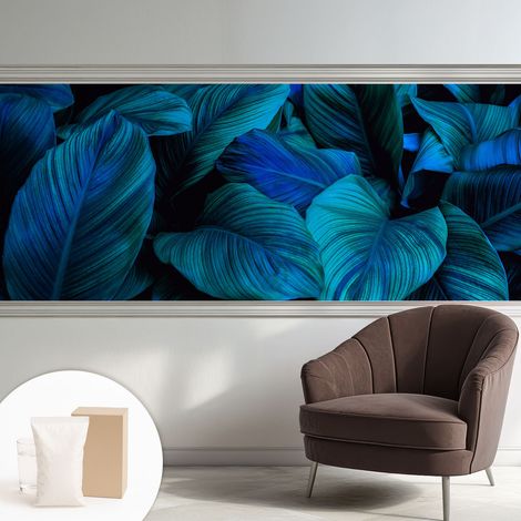 Tapete Vliestapete mit Kleber modern Wohnzimmer - Wanddeko Schlafzimmer - Tapete mit Motiv Blaue Blätter 250x104 cm