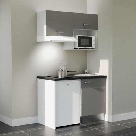 Kitchenette K02L-PT - 120 cm - plan stratifié, évier inox, - Façade Gris - Plan Noir texturé - Evier Inox - Crédences Non + Electroménager inclus coloris Blanc