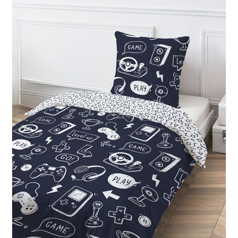 Parure de lit jeux vidéo 140x200 cm en coton 100% – Imprimé geek bleu marine – Lavable en machine à 60°C – Pochon réutilisable – Future Home (1/4)