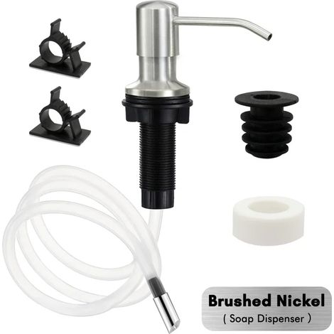 Distributeur de savon liquide pour évier de cuisine (nickel brossé) avec tube d'extension et pompe en acier inoxydable. Accessoires de salle de bain. Distributeur noir, savon doré. (1/5)