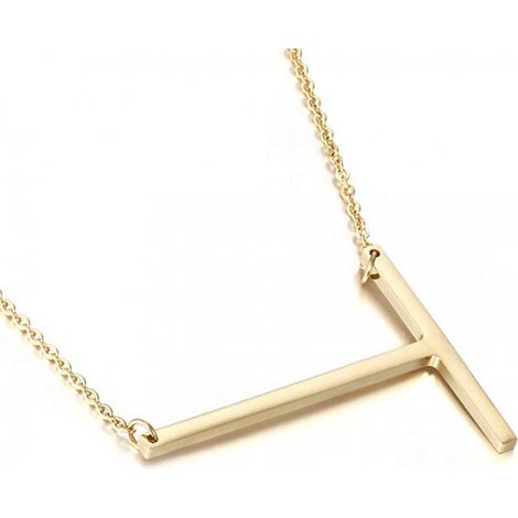 Collier avec initiale latérale plaqué or 18 carats pour femme, grand pendentif lettre, bijou monogramme personnalisé, collier tendance et cadeau idéal pour elle (T) (1/5)