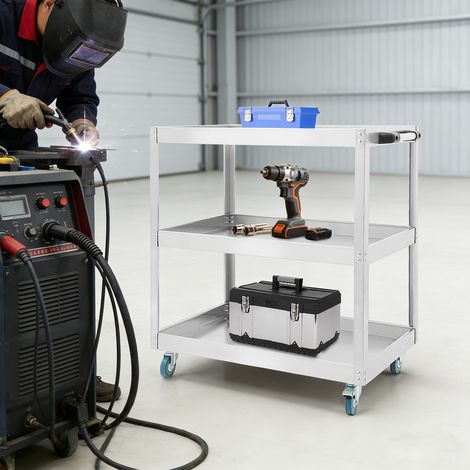 Edelstahl Rollwagen Werkstatt, 3-Etagen Rollbar Montagewagen mit 500kg Tragkraft, Multifunktionaler Materialwagen mit Rollen, Kommissionierwagen, Vielzweckwagen für Garage, Werkstatt