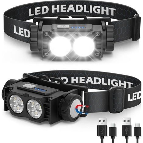 2-teiliges Stirnlampen-Set, extrem leistungsstarke LED-Stirnlampe, 3 Modi, IPX5 wasserdicht, USB-aufladbar, für Angeln, Camping, Radfahren, Laufen (Schwarz) (1/4)