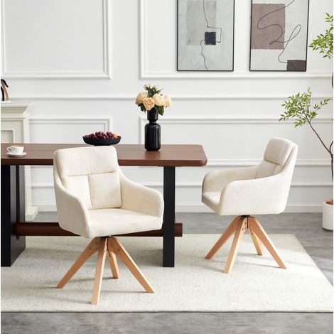 REDOM - Set di 2 sedie da pranzo girevoli, schienale alto ergonomico, rotazione a 360°, tessuto strutturato e legno massello beige chiaro (1/5)