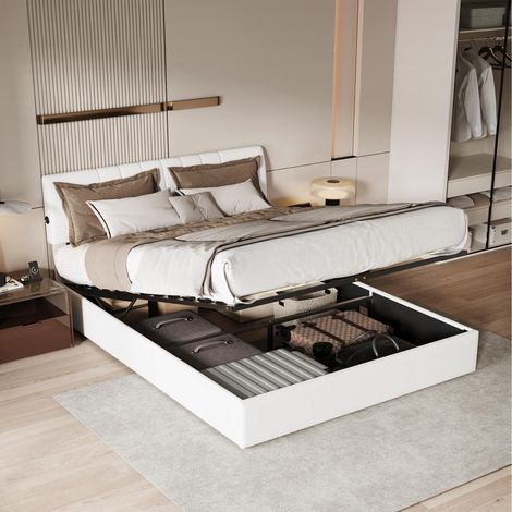 Lit coffre 160x200 cm, Lit double adulte avec Sommier à lattes, Chargement USB bilatéral et rangement hydraulique, Velours Teddy, Blanc
