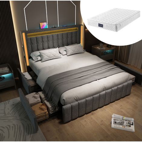 Lit double en lin gris 140x200 cm avec LED, ports USB/Type-C, 4 tiroirs, sommier à lattes et matelas inclus (1/5)