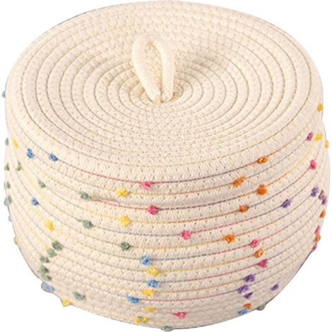 Geflochtener Baumwollseilkorb, runde Aufbewahrungsbox, farbenfrohe Dekormuster, großes Fassungsvermögen mit Deckel für Wäsche, Handtücher, Spielzeug, Eier und Kleinigkeiten (1/5)