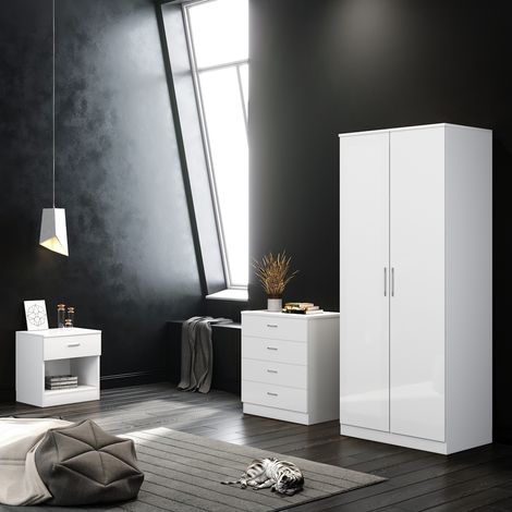 ELEGANT Wardrobe Set High Gloss 3 Piece Bedroom Storage Furniture Include 2 Soft Close Doors Wardrobe and 4 Drawer Chest and Bedside Cabinet White