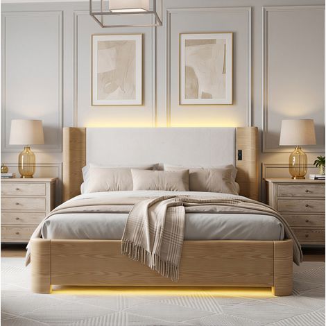 Lit coffre 180x200 cm - Avec tête de lit avec LED - En velours - Beige - Sans matelas (1/5)