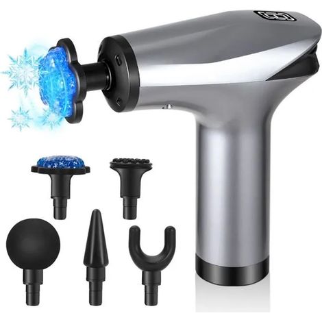 Pistolet de Massage Musculaire avec 5 Têtes de Massage Ecran LCD 8 Niveaux Réglables pour Récupération de Fatigue,Gris (1/4)